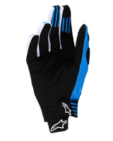 Alpinestars 2025 Techstar Gloves, Motocross Gloves, Black and Blue, palm view showing reinforced synthetic suede construction, blue silicone finger grips, and seamless wrist closure with white Astars logos.
