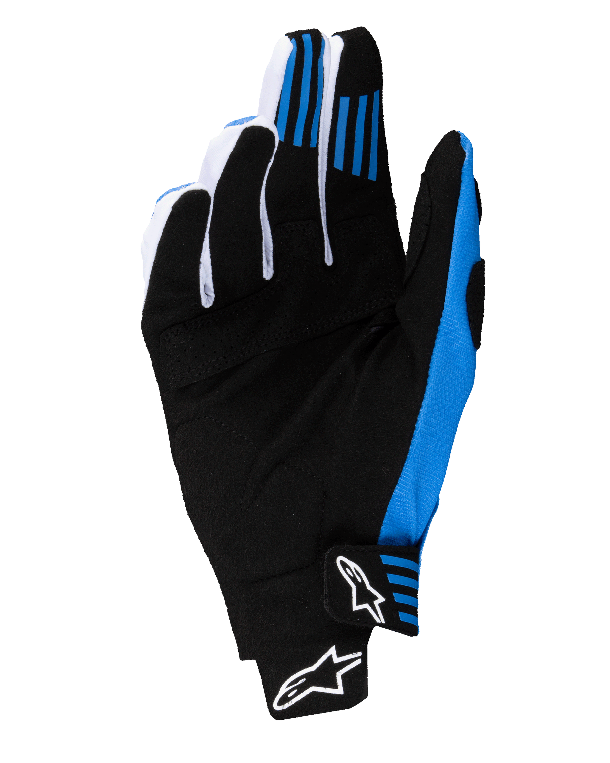 Alpinestars 2025 Techstar Gloves, Motocross Gloves, Black and Blue, palm view showing reinforced synthetic suede construction, blue silicone finger grips, and seamless wrist closure with white Astars logos.