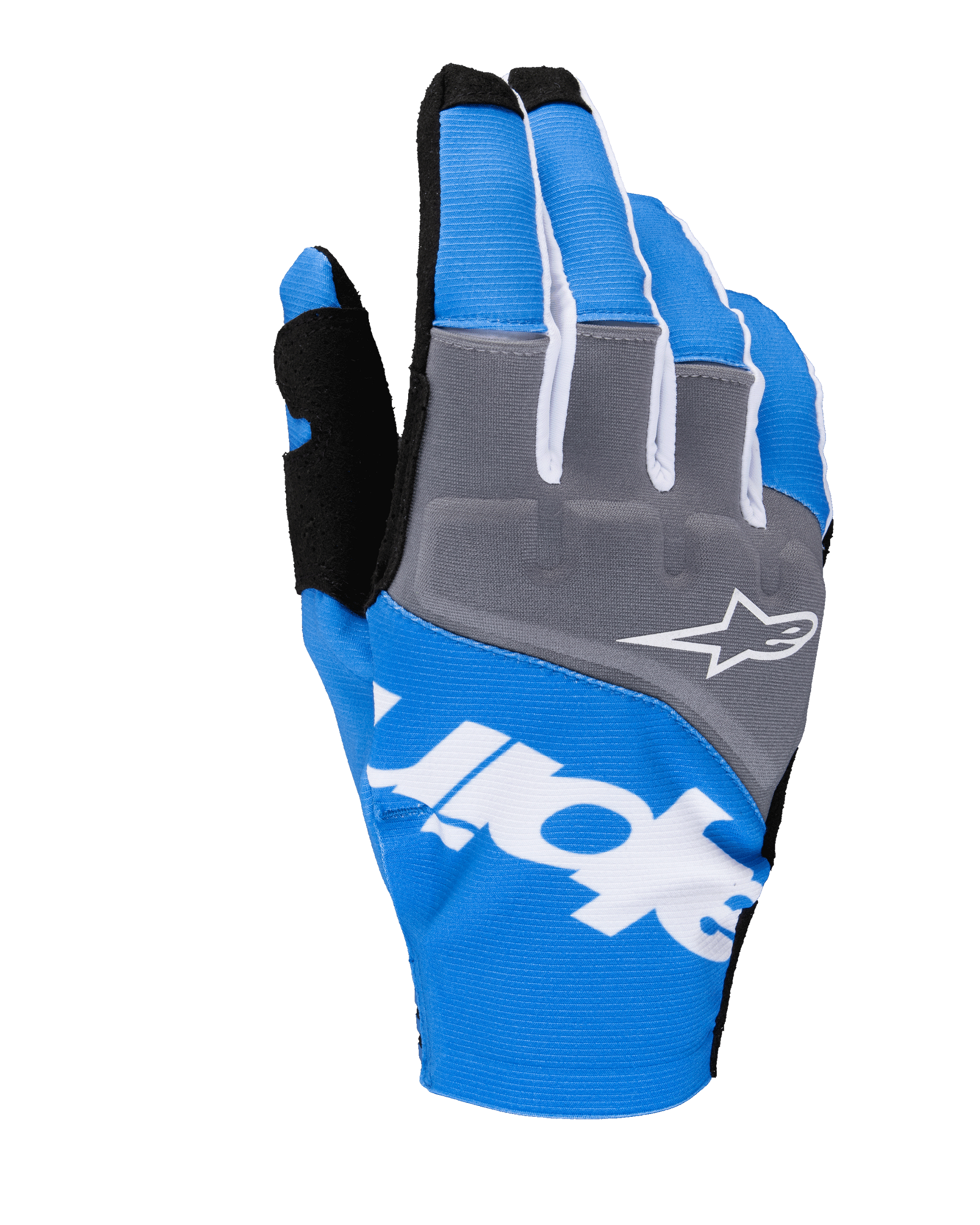 Alpinestars 2025 Techstar Gloves, Motocross Racing Gloves, Blue and Gray with White and Black accents, featuring a white star logo on the knuckle panel, bold white branding across the backhand, and ribbed textile construction for off-road racing.