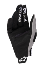 Alpinestars 2025 Radar Pro Gloves, Motocross Gloves, Black with Grey accents, palm view featuring 'ONE GOAL ONE VISION' printed on the fingers, synthetic suede material, minimalist design for off-road performance