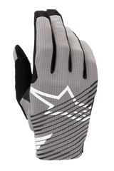 Alpinestars 2025 Radar Pro Gloves, Motocross Gloves, Gray with Black and White accents, featuring breathable 4-way stretch mesh backhand, white star logo, black diagonal striped design, minimalist performance racing style