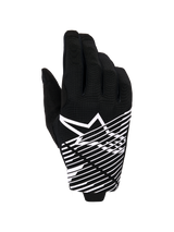 Alpinestars 2026 Radar Pro Gloves, Motocross Gloves, Black and White, featuring a white star logo and diagonal line graphic on the backhand, breathable mesh material with perforated details, performance off-road styling