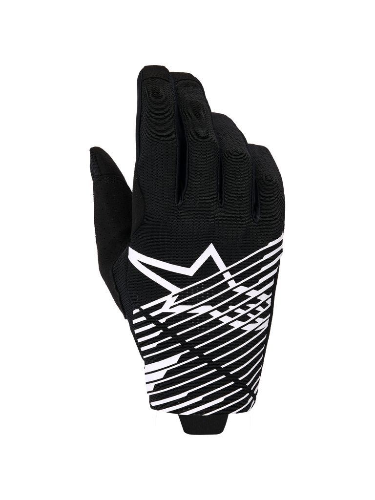 Alpinestars 2026 Radar Pro Gloves, Motocross Gloves, Black and White, featuring a white star logo and diagonal line graphic on the backhand, breathable mesh material with perforated details, performance off-road styling