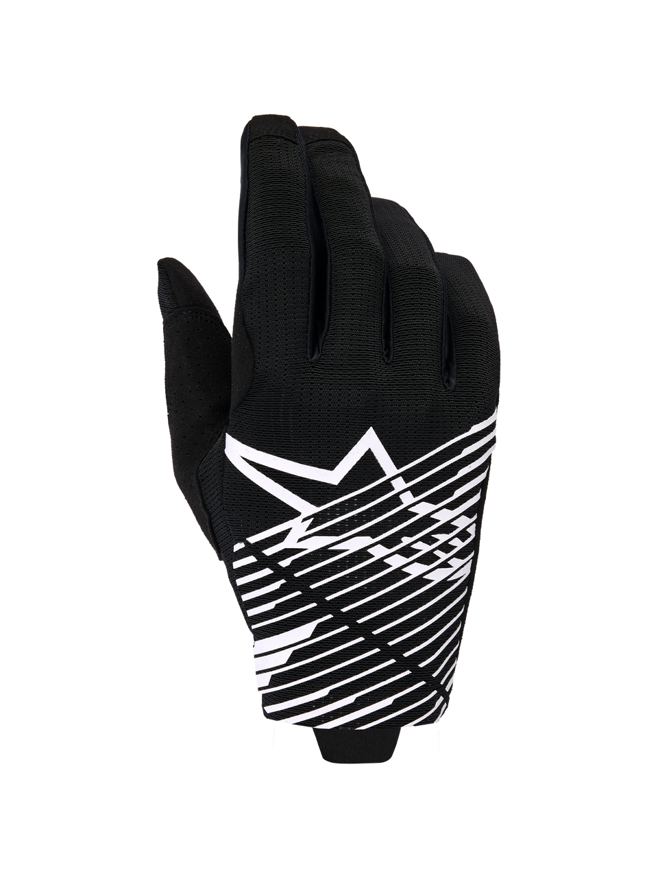 Alpinestars 2026 Radar Pro Gloves, Motocross Gloves, Black and White, featuring a white star logo and diagonal line graphic on the backhand, breathable mesh material with perforated details, performance off-road styling