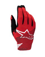 Alpinestars 2025 Radar Pro Gloves, Motocross Gloves, Bright Red Black and White, featuring a large white star logo with black diagonal stripes on a breathable mesh backhand, lightweight performance gear for off-road racing