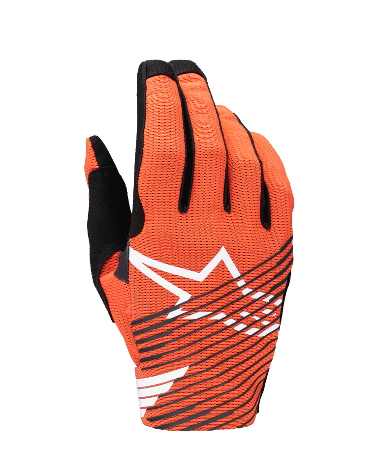 Alpinestars 2025 Radar Pro Gloves, Motocross Gloves, Hot Orange and Black, featuring a large white star logo and black diagonal stripes on a perforated mesh backhand, designed for lightweight performance and airflow