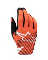 Alpinestars 2025 Radar Pro Gloves, Motocross Gloves, Hot Orange and Black, featuring a large white star logo and black diagonal stripes on a perforated mesh backhand, designed for lightweight performance and airflow