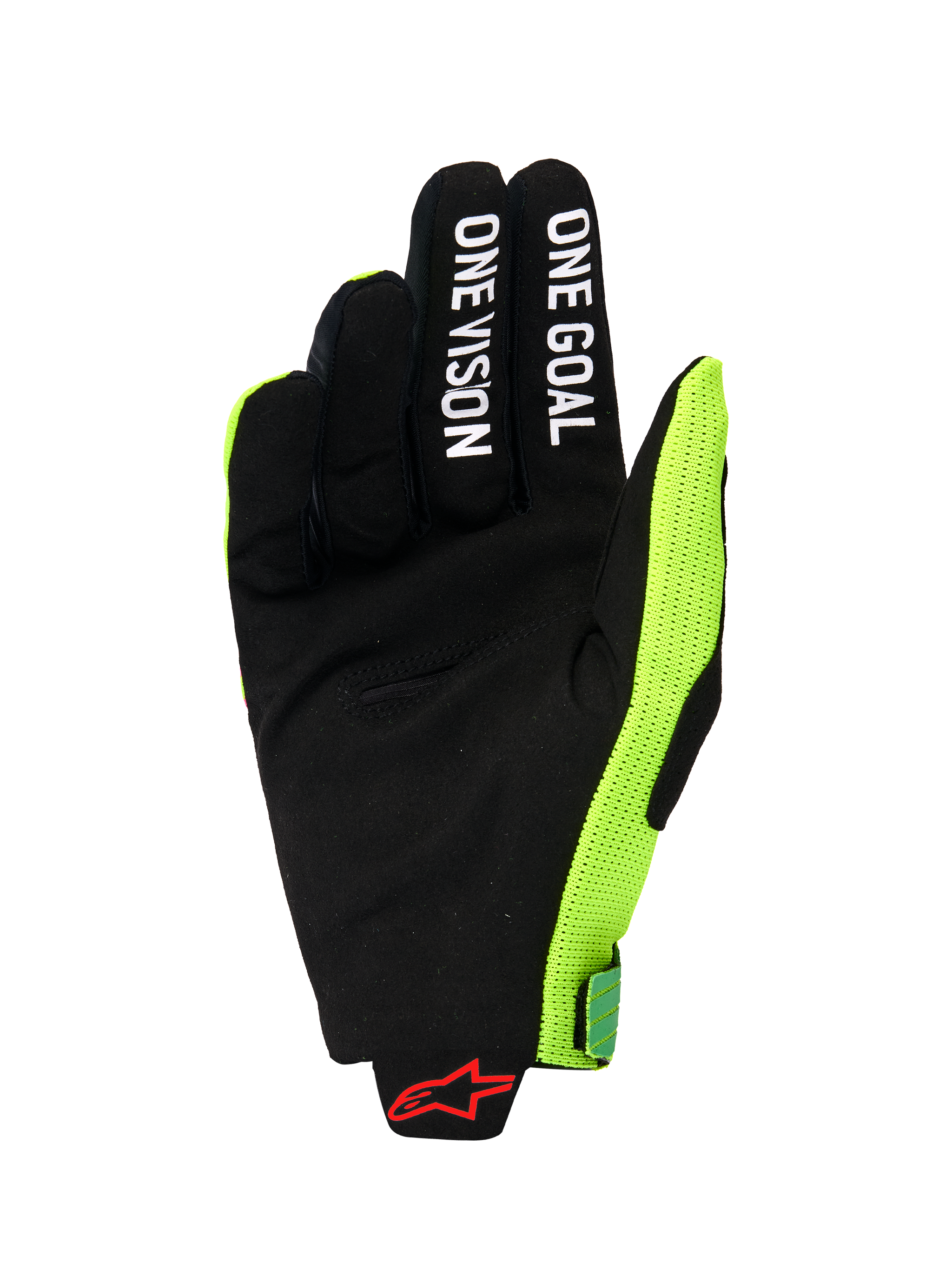 Alpinestars 2026 Radar Pro Gloves, palm view of a motocross glove, black synthetic suede with 'ONE GOAL' and 'ONE VISION' white text on fingers, bright fluo yellow mesh side panel, red Alpinestars logo on the wrist, minimalist performance gear for off-road riding