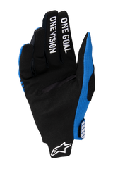 Alpinestars 2025 Radar Pro Gloves, Motocross Gloves, Blue and Black, palm view with black synthetic suede, white "ONE GOAL ONE VISION" printed on the fingers, white Alpinestars logo at the wrist, lightweight off-road racing design