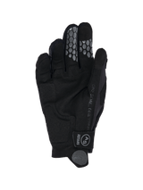 Alpinestars 2026 Radar Pro Gloves, Motocross Gloves, Black, palm side view showing synthetic suede construction, grey honeycomb silicone grip on index and middle fingers, "One Goal. One Vision." text along the side, and hook and loop closure strap with AS logo.