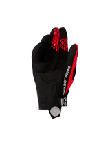 Alpinestars 2026 Pro-Dura Gloves, Motocross and Enduro Gloves, Bright Red and Black, palm side view featuring black synthetic suede, white 'ONE GOAL. ONE VISION' text on the side, and red honeycomb patterns on the fingertips.
