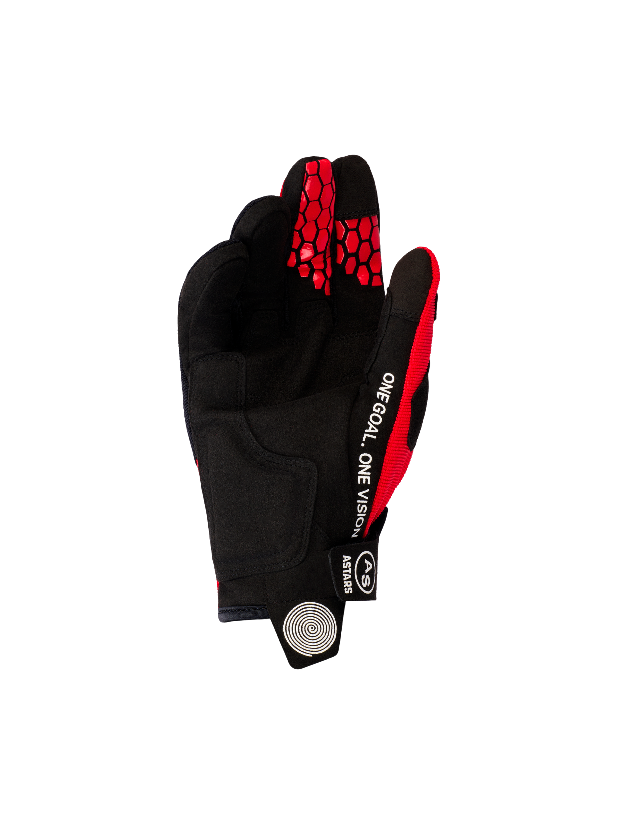 Alpinestars 2026 Pro-Dura Gloves, Motocross and Enduro Gloves, Bright Red and Black, palm side view featuring black synthetic suede, white 'ONE GOAL. ONE VISION' text on the side, and red honeycomb patterns on the fingertips.