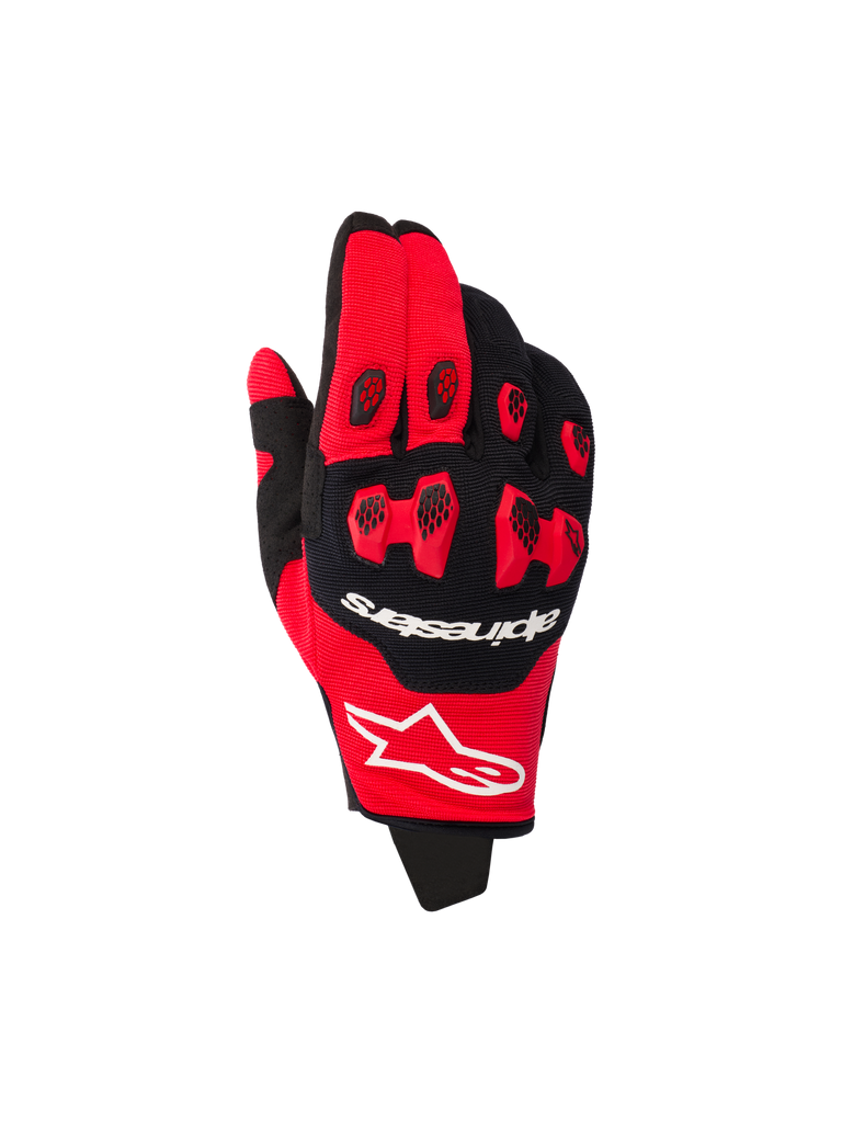 Alpinestars 2026 Pro-Dura Gloves, Motocross Gloves, Bright Red and Black, featuring red TPR knuckle protection with black honeycomb inserts, white brand logos, multi-panel stretch construction for off-road racing