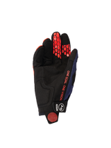 Alpinestars 2026 Pro-Dura Gloves, palm side view, Navy Hot Orange and White, black synthetic suede palm with orange hexagonal silicone grip on fingers, orange 'ONE GOAL. ONE VISION.' text, and black wrist closure with white branding.