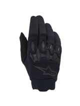 Alpinestars Full Bore V2 Gloves, Black Motocross Gloves, featuring ergonomic TPR knuckle protectors and breathable stretch fabric, subtle black star logo on the backhand, high-performance off-road gear