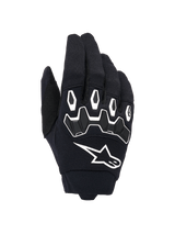 Alpinestars Full Bore V2 Gloves, Motocross Gloves, Black and White, backhand view showing ergonomic TPR knuckle protection with hexagonal shapes, white Alpinestars logo, breathable stretch textile construction, durable off-road racing gear