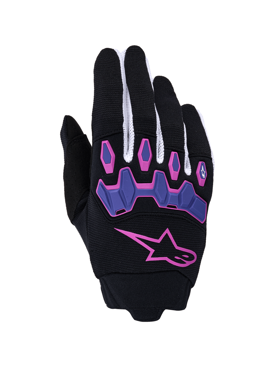 Alpinestars Full Bore V2 Gloves, Motocross Gloves, Black and Purple with Pink accents, featuring a large pink star logo and articulated purple knuckle protectors, white mesh finger panels, off-road performance gear