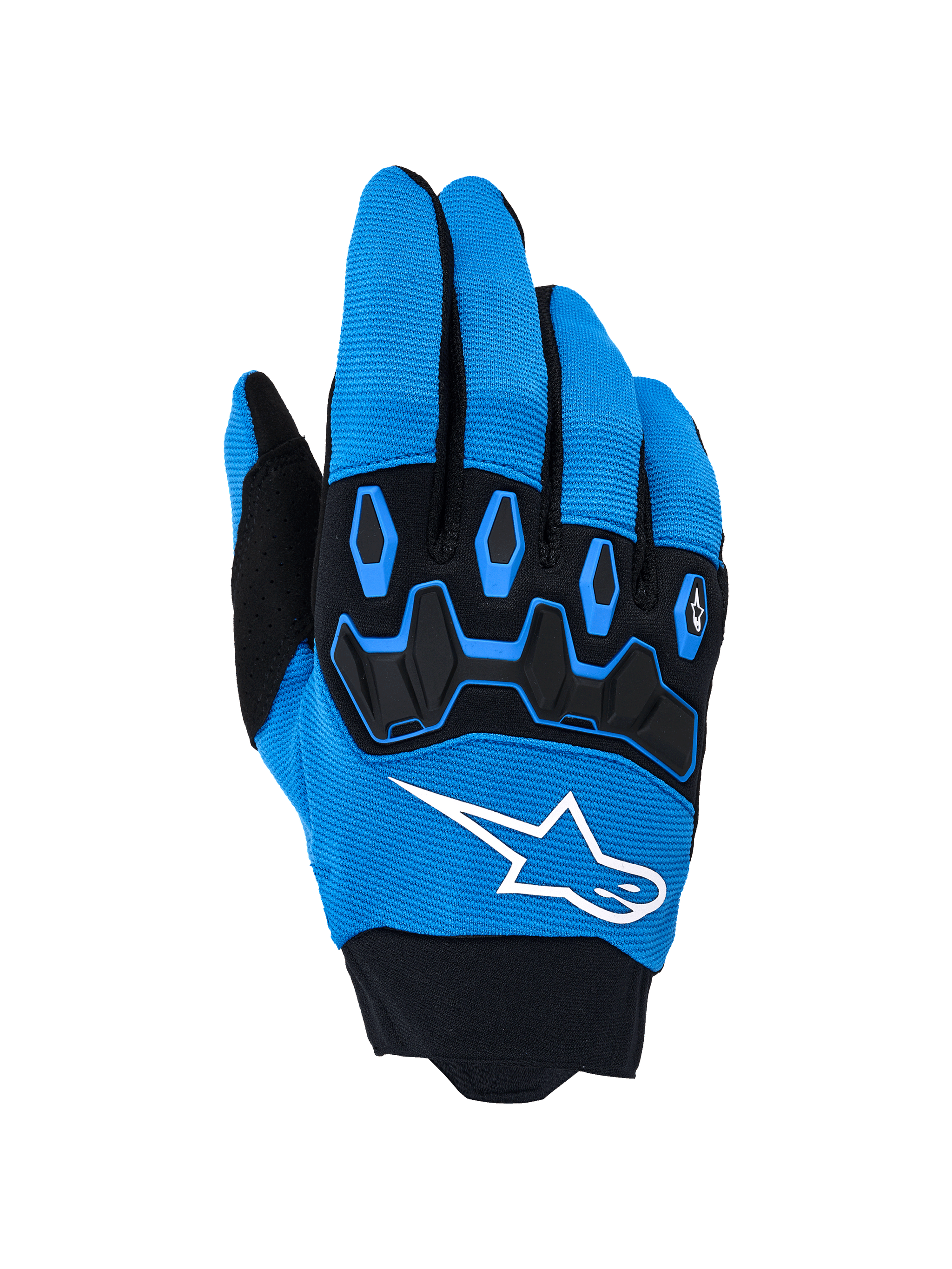 Alpinestars Full Bore V2 Gloves, Motocross Riding Gloves, Ucla Blue and Black, featuring a bold white logo and black TPR knuckle protection on a breathable stretch fabric backhand, designed for high-performance off-road racing
