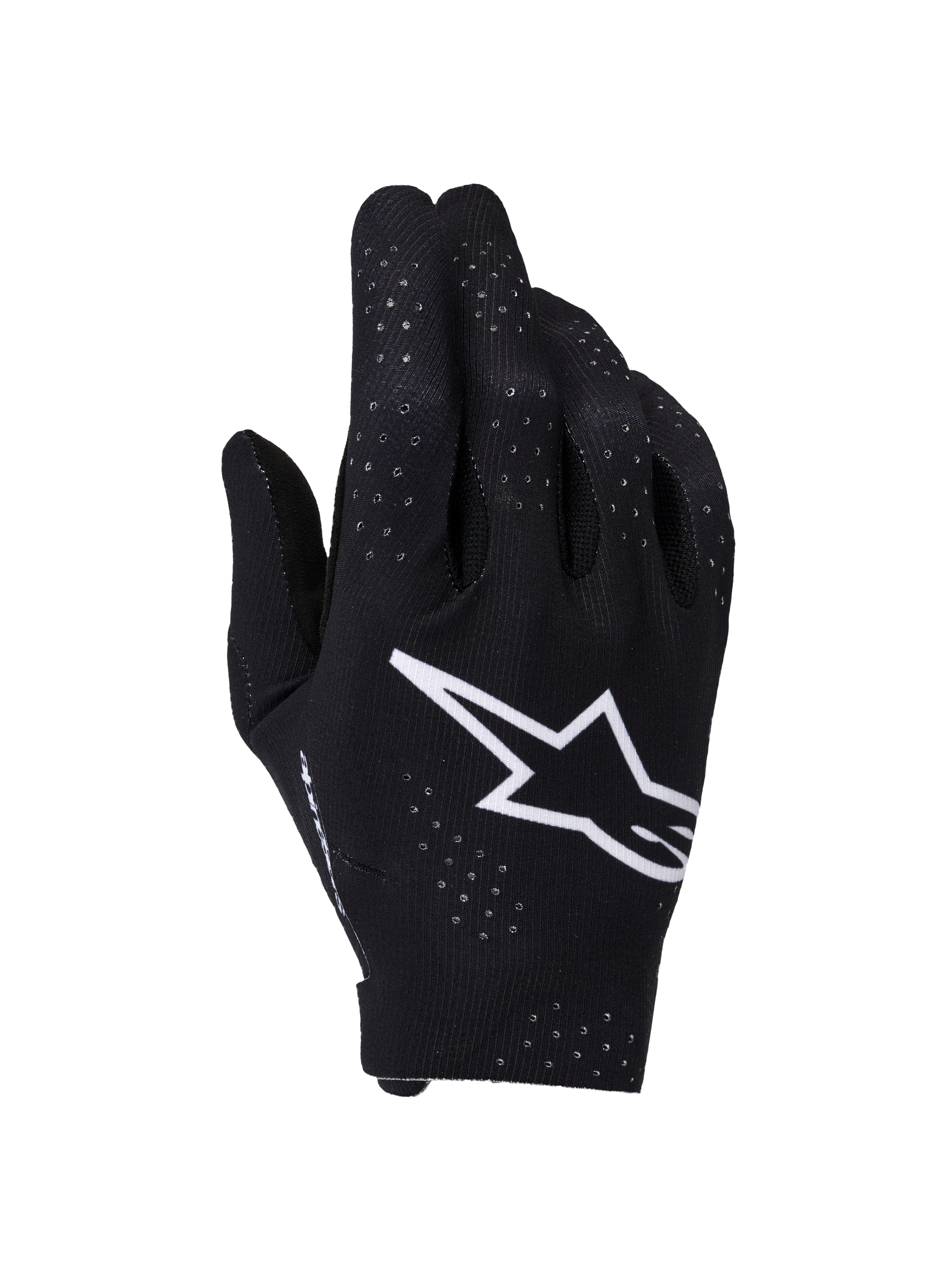Alpinestars Supertech MX Gloves, Motocross Gloves, Black and White, backhand view featuring a large white Astars logo, laser-cut perforations for ventilation, and a seamless ergonomic design for off-road racing