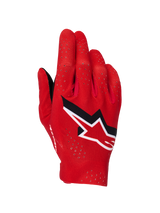 Alpinestars Supertech MX Gloves, Motocross Gloves, Fire Red Black and White, backhand view showing laser perforations for ventilation, prominent white and black Alpinestars star logo, lightweight stretch fabric design for off-road racing