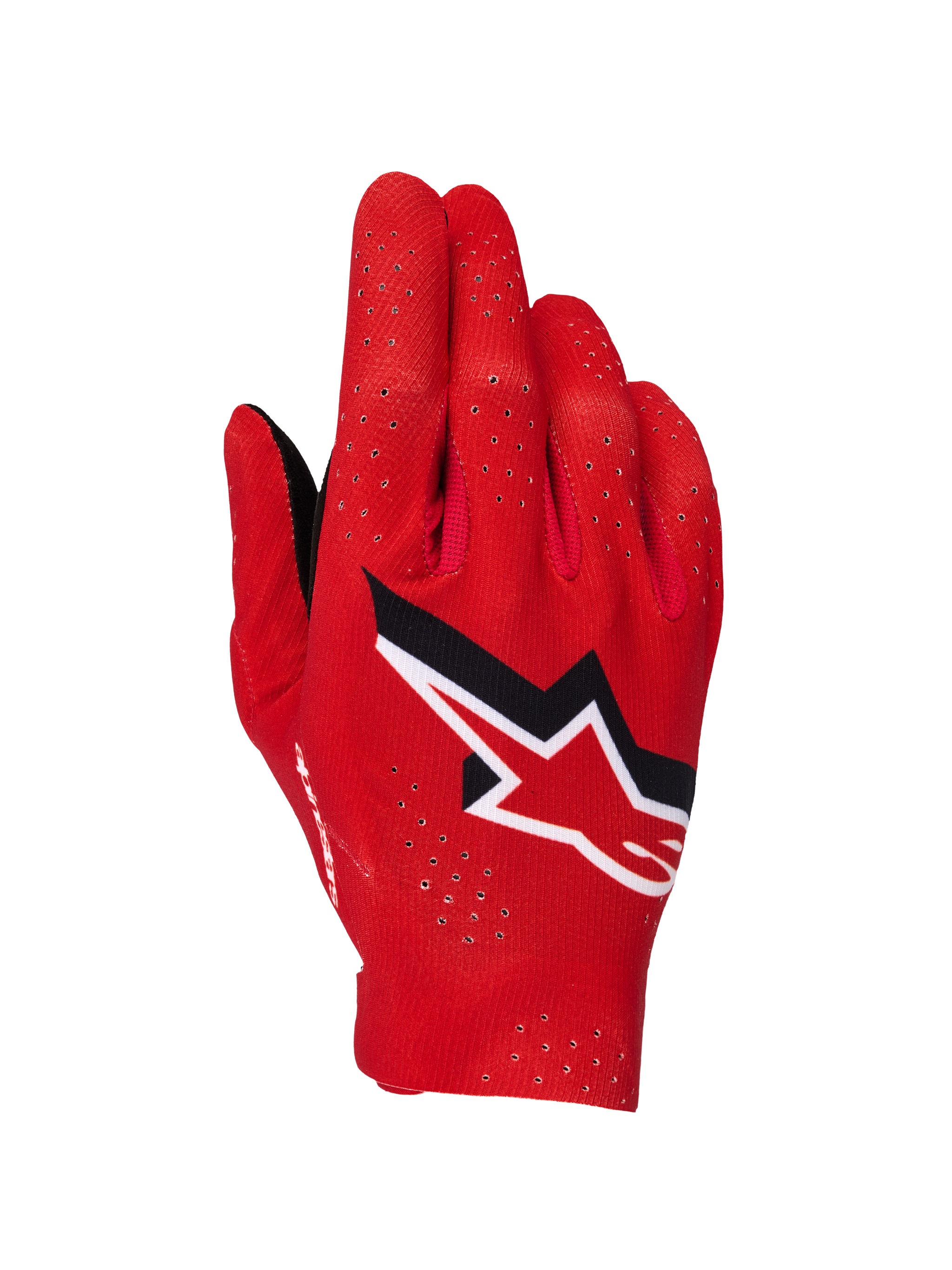 Alpinestars Supertech MX Gloves, Motocross Gloves, Fire Red Black and White, backhand view showing laser perforations for ventilation, prominent white and black Alpinestars star logo, lightweight stretch fabric design for off-road racing