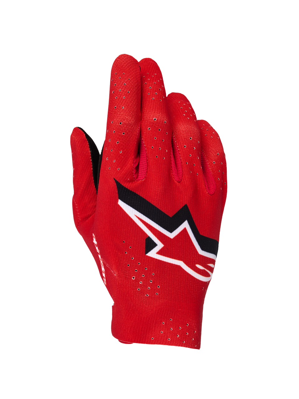 Alpinestars Supertech MX Gloves, Motocross Gloves, Fire Red Black and White, backhand view showing laser perforations for ventilation, prominent white and black Alpinestars star logo, lightweight stretch fabric design for off-road racing