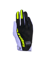 Alpinestars Supertech MX Gloves, Motocross Gloves, Lavender Violet and Fluo Yellow, palm side view featuring black perforated material, fluo yellow silicone grips on index and middle fingers, bold yellow Alpinestars branding, and 'Race Spec Production' text, high-performance off-road racing gear