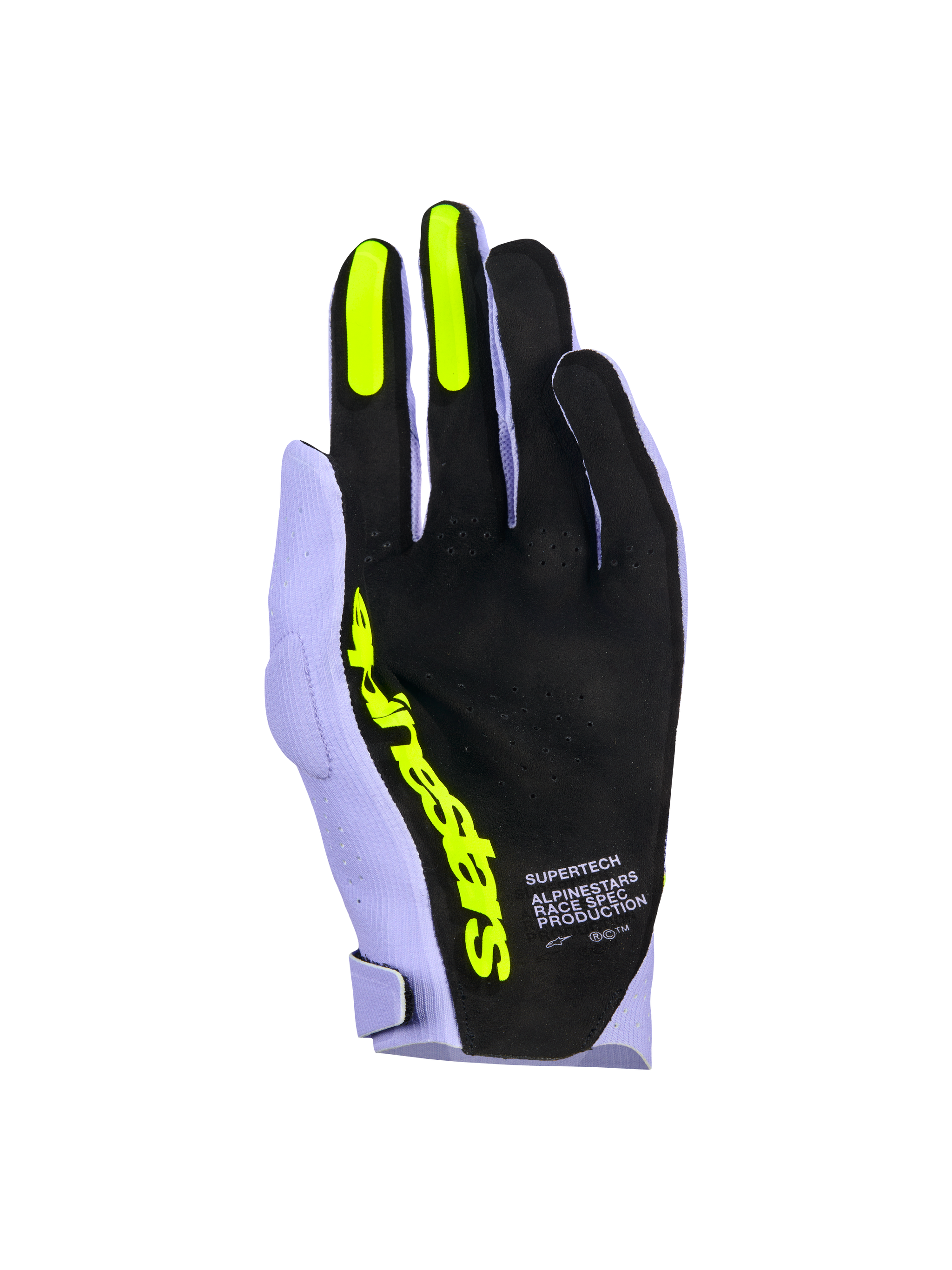 Alpinestars Supertech MX Gloves, Motocross Gloves, Lavender Violet and Fluo Yellow, palm side view featuring black perforated material, fluo yellow silicone grips on index and middle fingers, bold yellow Alpinestars branding, and 'Race Spec Production' text, high-performance off-road racing gear