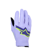 Alpinestars Supertech MX Gloves, Motocross Racing Gloves, Lavender Violet and Fluo Yellow, featuring a large navy and neon yellow star logo, laser-perforated backhand for breathability, lightweight single-layer stretch design for off-road racing.