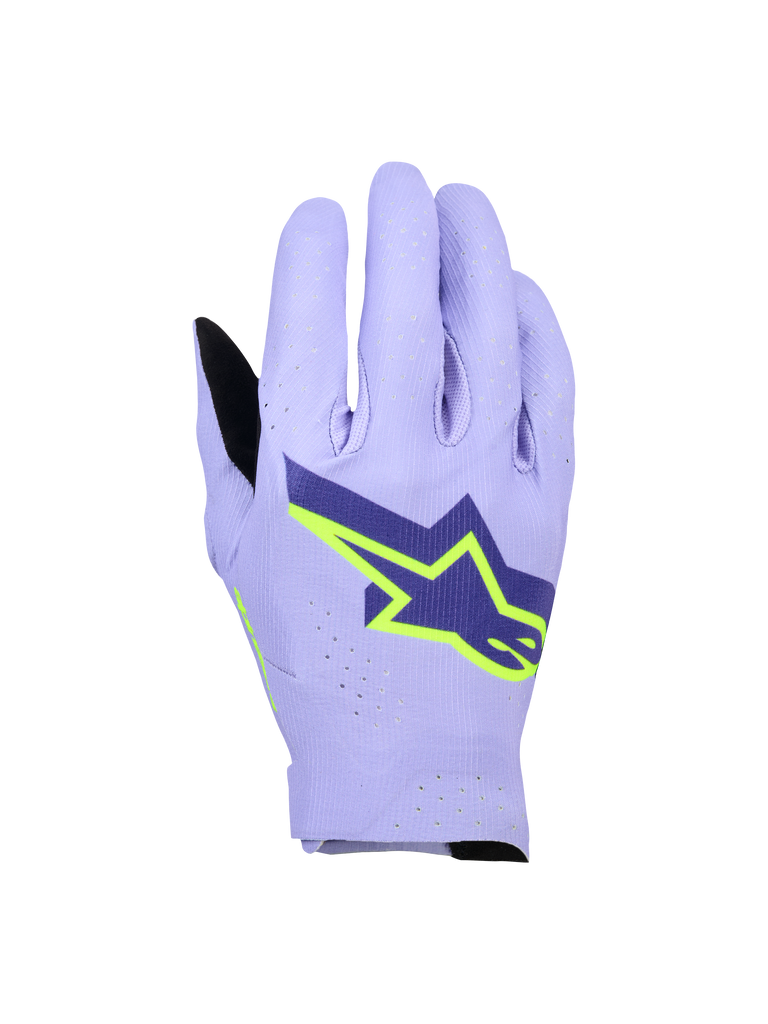 Alpinestars Supertech MX Gloves, Motocross Racing Gloves, Lavender Violet and Fluo Yellow, featuring a large navy and neon yellow star logo, laser-perforated backhand for breathability, lightweight single-layer stretch design for off-road racing.
