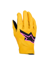Alpinestars Supertech MX Gloves, Motocross Racing Gloves, Gold, Black and Fluo Pink, featuring laser-perforated single-layer stretch construction, black star logo with pink border, breathable and flexible design for off-road racing