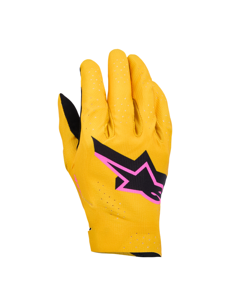 Alpinestars Supertech MX Gloves, Motocross Racing Gloves, Gold, Black and Fluo Pink, featuring laser-perforated single-layer stretch construction, black star logo with pink border, breathable and flexible design for off-road racing