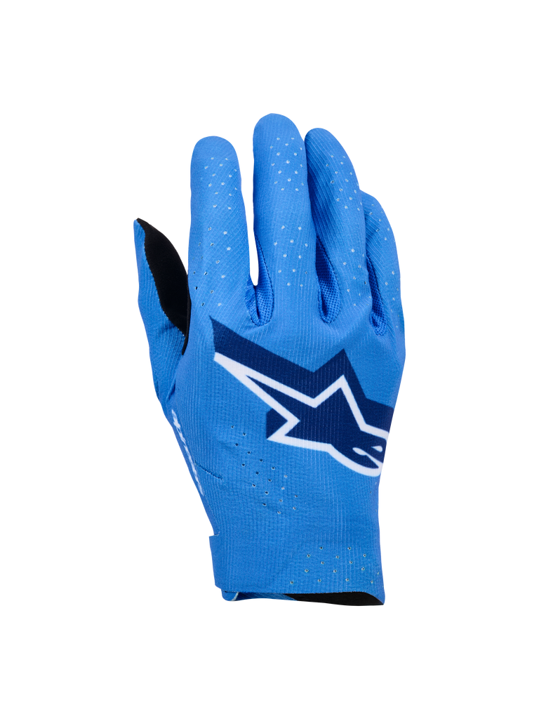 Alpinestars Supertech MX Gloves, Motocross Racing Gloves, Ucla Blue with Deep Blue and White accents, featuring a large star logo on the backhand, laser perforations for breathability, and a seamless ergonomic design for off-road riding.