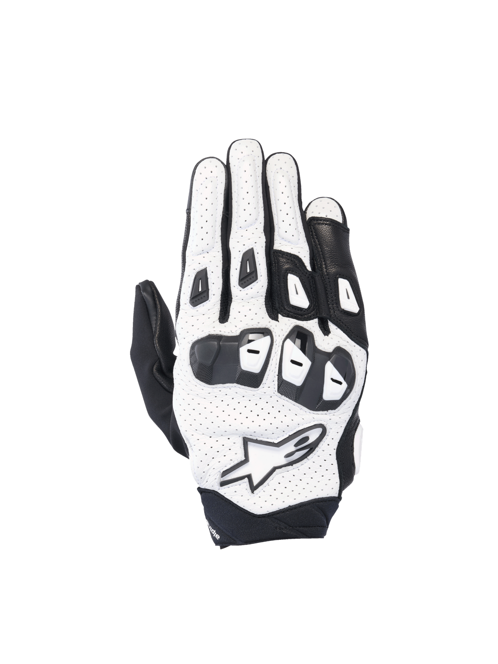 Alpinestars SP X 7 road racing gloves in white and black perforated leather with double-density TPU knuckles.