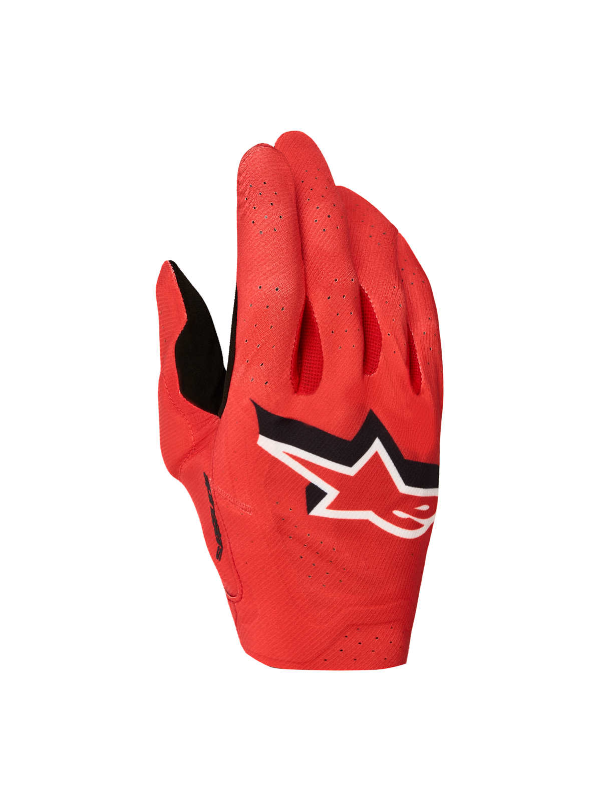 Alpinestars Supertech MX Gloves 2027, fire red motocross racing gloves with black and white star logo and laser perforations.