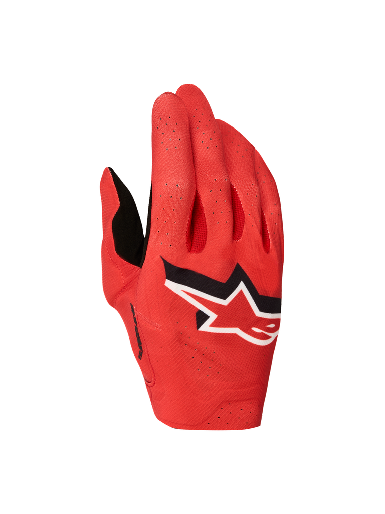 Alpinestars Supertech MX Gloves 2027, fire red motocross racing gloves with black and white star logo and laser perforations.