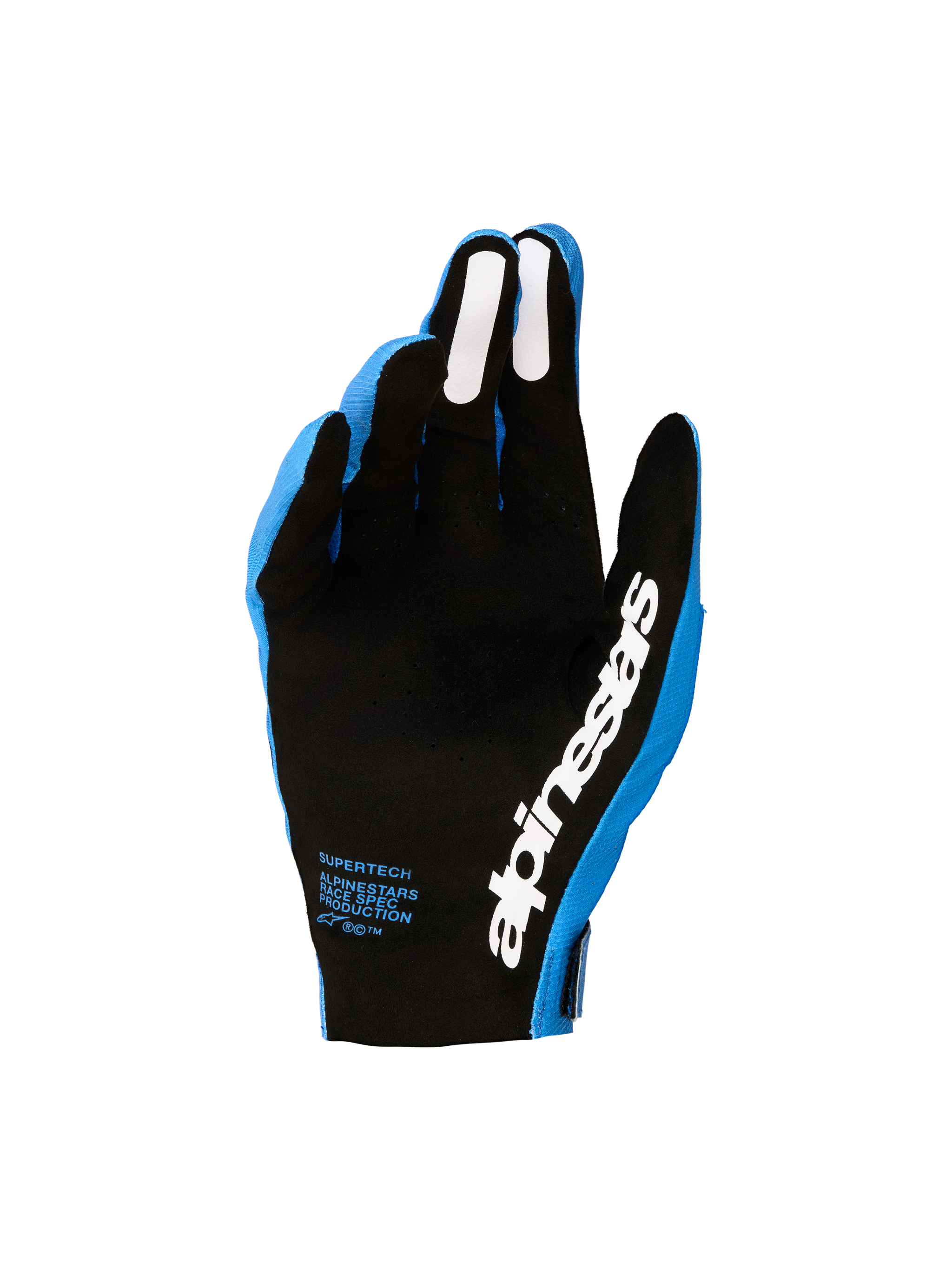 Alpinestars 2027 Supertech MX Gloves, Men's blue and black motocross gloves with perforated palms and white silicone grips.