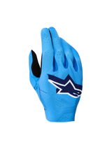 Alpinestars Supertech MX Gloves 2027, blue motocross racing gloves with a breathable stretch backhand and white logo.