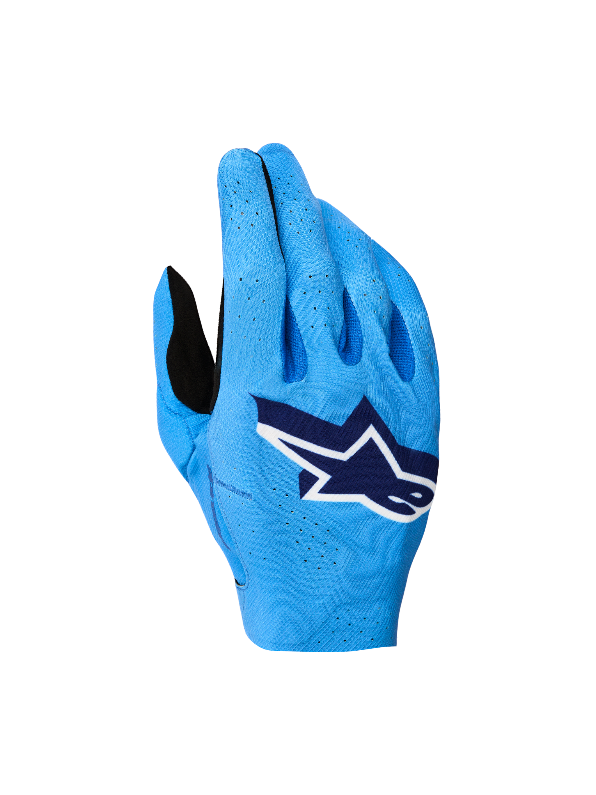 Alpinestars Supertech MX Gloves 2027, blue motocross racing gloves with a breathable stretch backhand and white logo.
