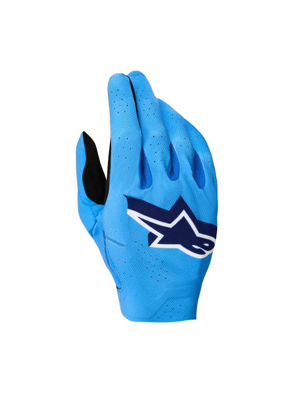 Alpinestars Supertech MX Gloves 2027, blue motocross racing gloves with a breathable stretch backhand and white logo.