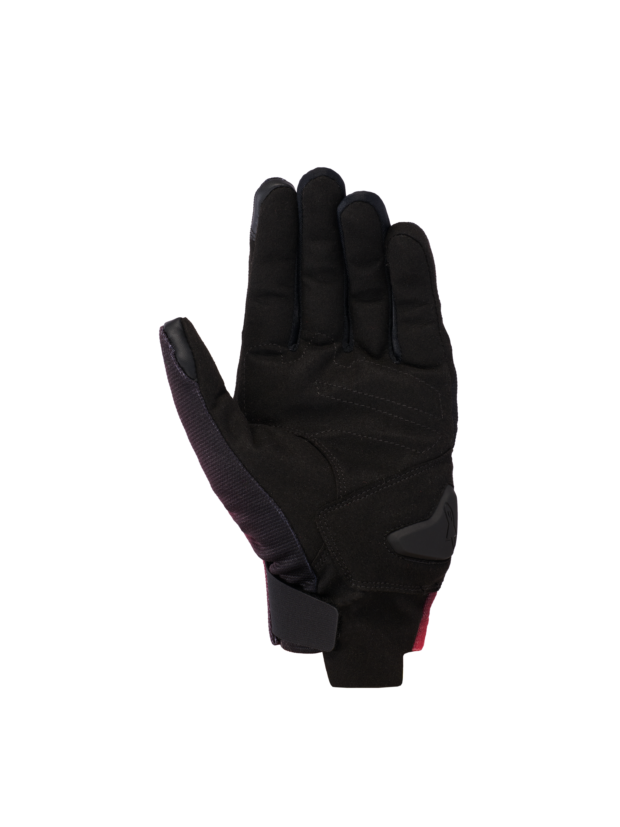 Alpinestars Reef V2 Gloves, motorcycle gloves, Black Red Fluo White, palm view featuring synthetic suede with padded reinforcements, short cuff design with hook-and-loop wrist closure