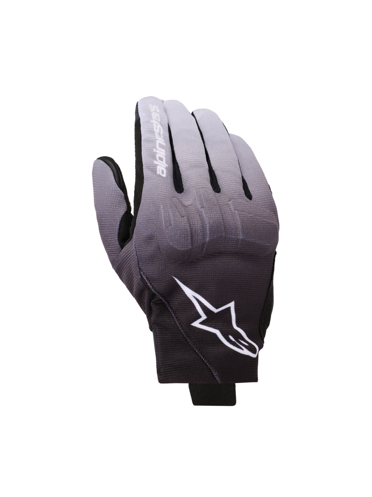 Alpinestars Reef V2 Gloves, Motorcycle Gloves, Mid Gray and Black gradient, White Star Logo and brand name on index finger, short cuff urban design with TPU knuckle protection and stretch textile