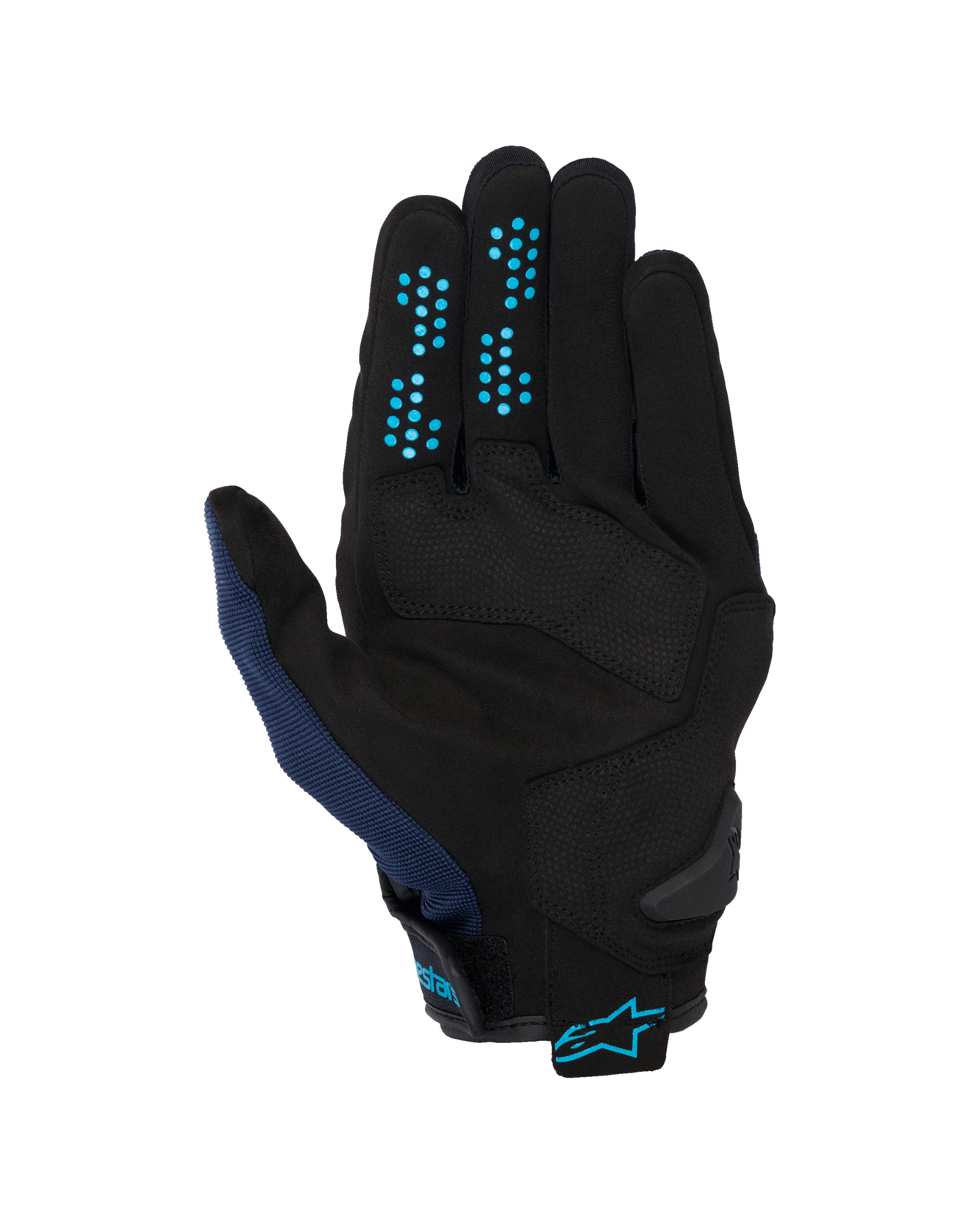 Alpinestars Chrome V2 Gloves, Dark Blue Hawaiian Ocean, palm view, black synthetic suede construction with blue silicone grip dots on fingers, breathable mesh on thumb, and adjustable cuff with blue Alpinestars logo.