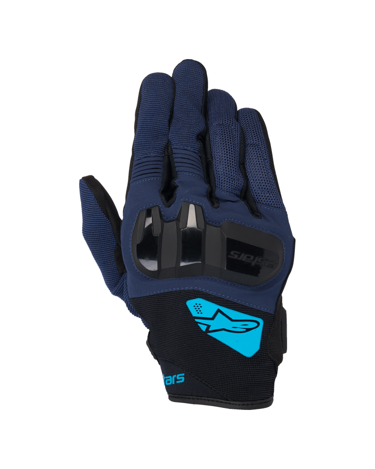 Alpinestars Chrome V2 Gloves, Motorcycle Gloves, Dark Blue and Black, featuring hard TPU knuckle protection, bright cyan Alpinestars logo on the wrist, short cuff urban riding gear