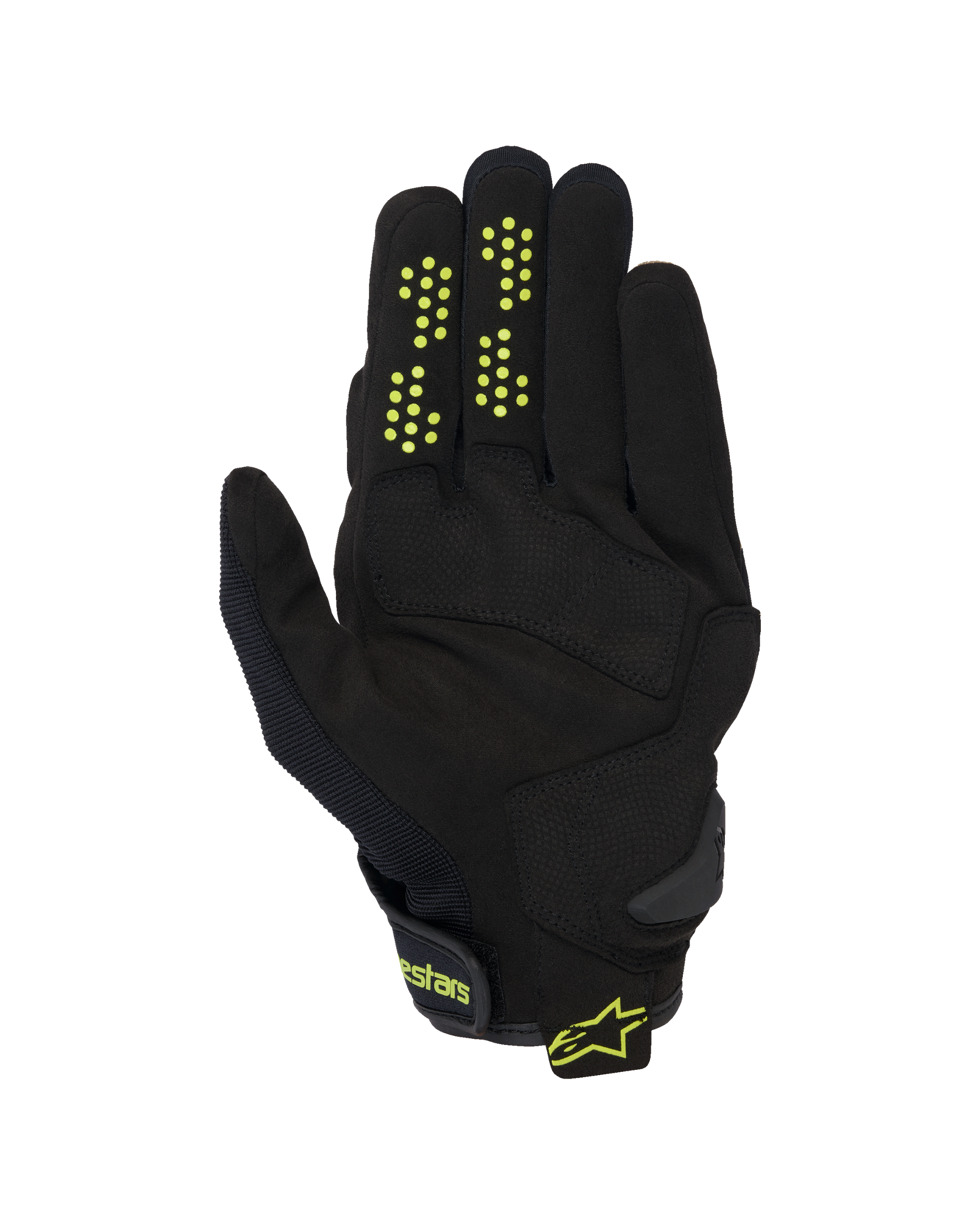Alpinestars Chrome V2 Gloves, Short Cuff Motorcycle Gloves, Black with neon yellow accents, palm view showing synthetic suede construction, silicone grip dots on fingers, and hook-and-loop wrist closure with Alpinestars branding.