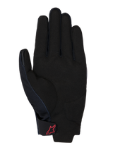 Honda Reef V2 Gloves, palm view, black synthetic suede with padded reinforcement, red Alpinestars logo on the hook-and-loop wrist strap, short cuff design for motorcycle riding
