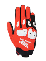 Alpinestars Honda SP X 3 Gloves, Motorcycle Sport Gloves, Bright Red, Black and White, featuring white TPU knuckle protectors and finger sliders, large white Honda Wing logo on the backhand, breathable multi-material design for summer road riding