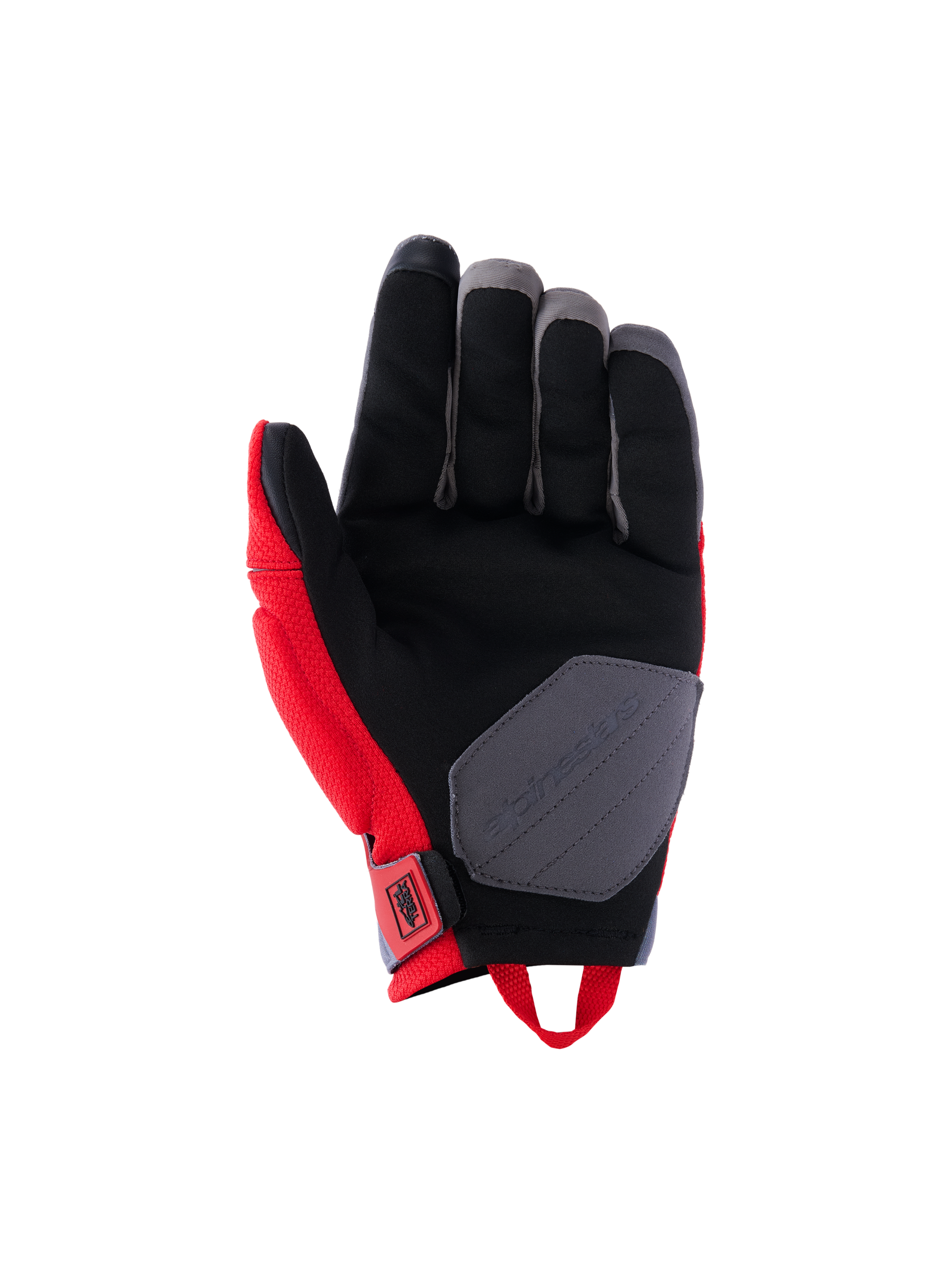 Alpinestars Durack Gloves, Motorcycle Gloves, Bright Red and Mid Gray, palm view featuring synthetic suede construction, black palm with gray reinforcement patch, red side panels and wrist pull loop
