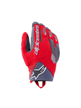 Alpinestars Durack Gloves, Motorcycle Riding Gloves, Bright Red and Mid Gray, featuring divided knuckle protection with gray TPR accents, white Alpinestars branding on the backhand, neoprene wrist cuff with star logo, and performance adventure design
