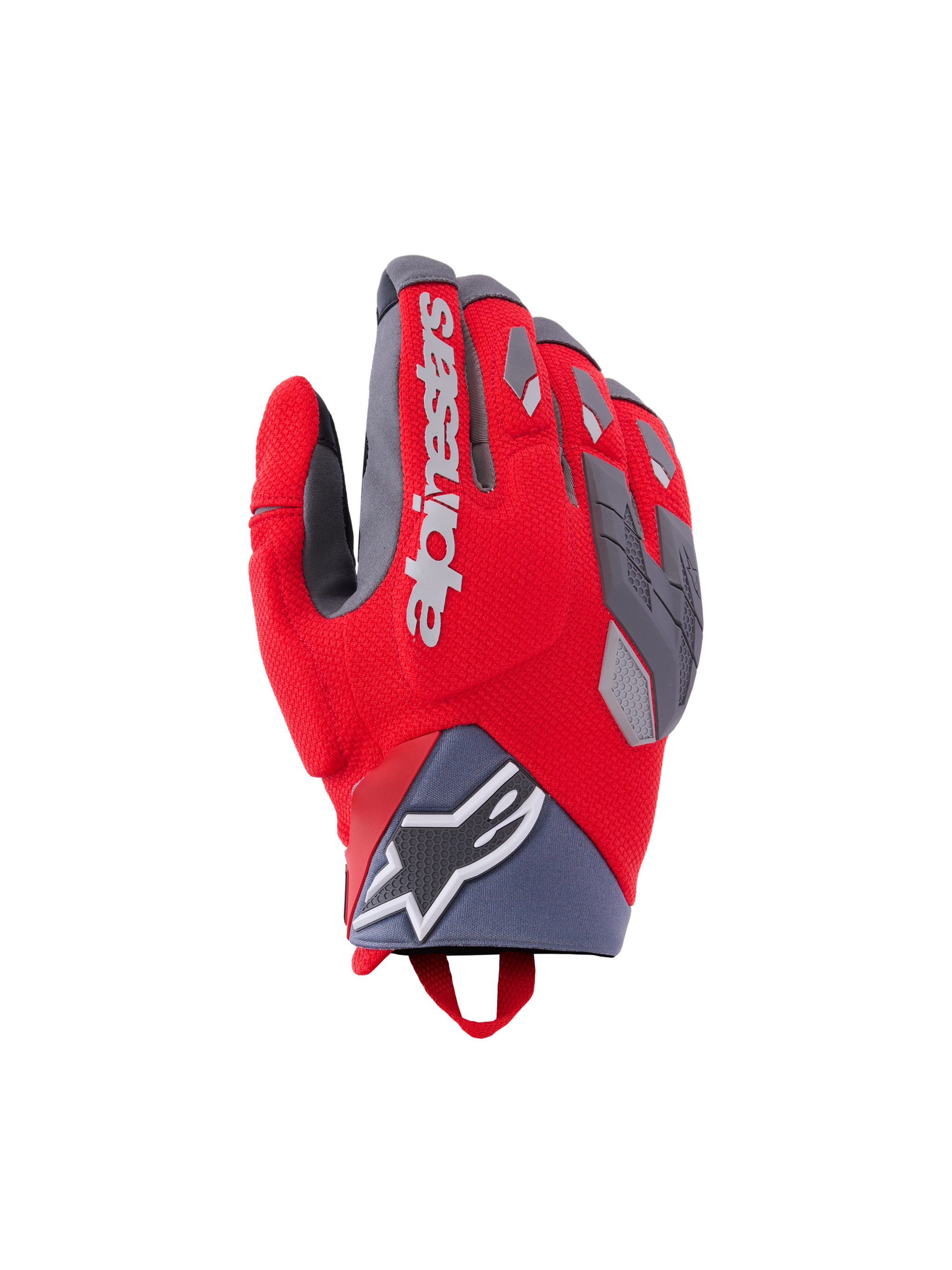 Alpinestars Durack Gloves, Motorcycle Riding Gloves, Bright Red and Mid Gray, featuring divided knuckle protection with gray TPR accents, white Alpinestars branding on the backhand, neoprene wrist cuff with star logo, and performance adventure design